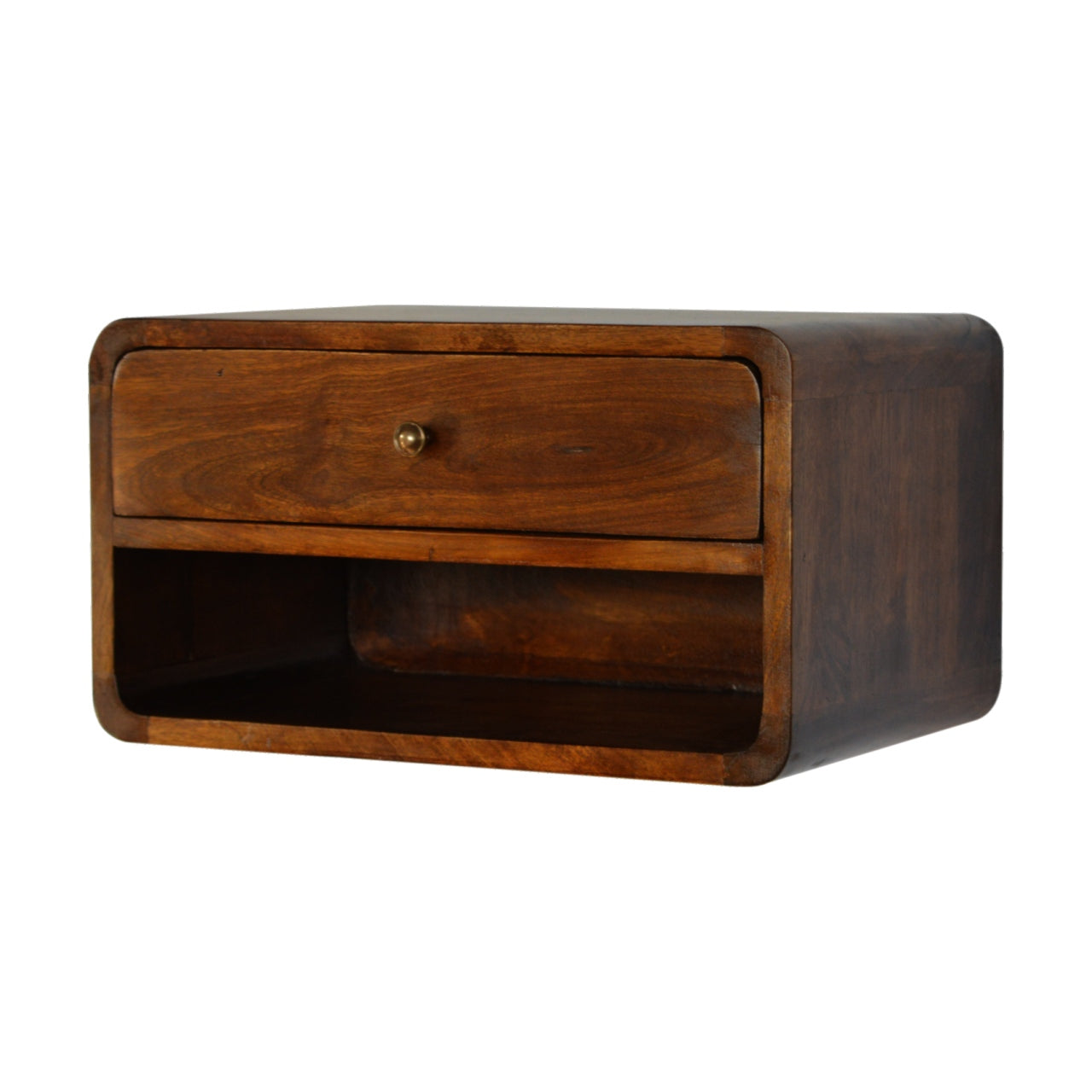 Chestnut Curve Wall-Mounted Bedside Table – Mango Wood with Drawer & Shelf