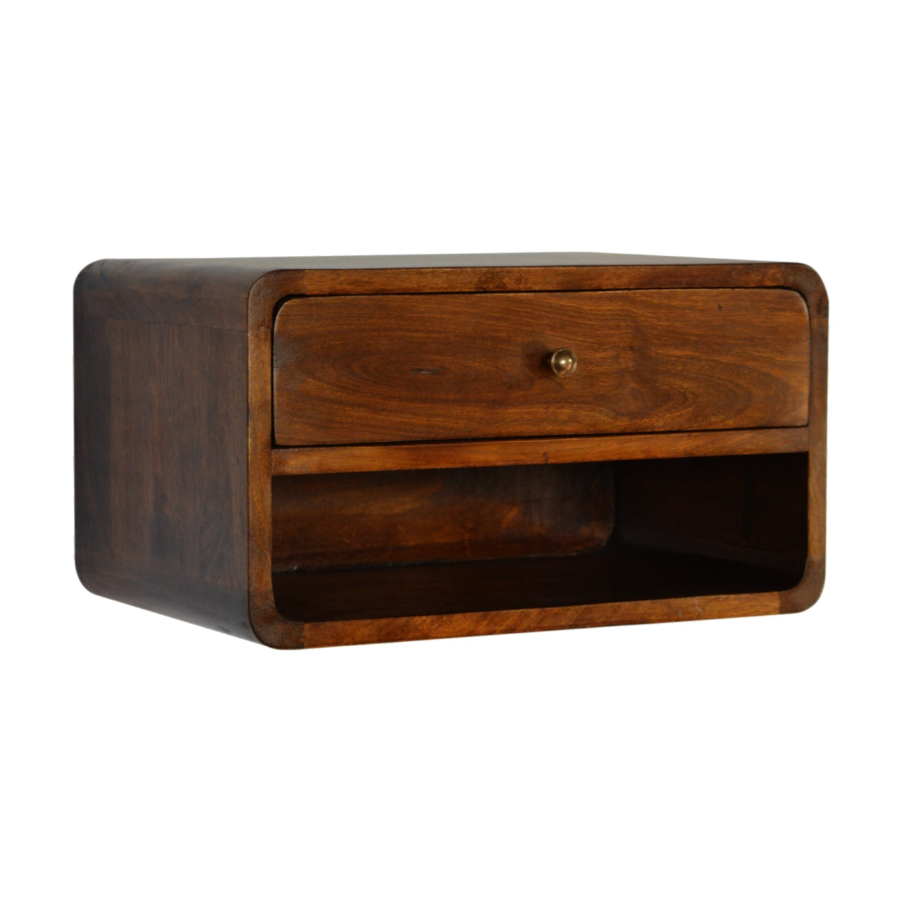 Chestnut Curve Wall-Mounted Bedside Table – Mango Wood with Drawer & Shelf