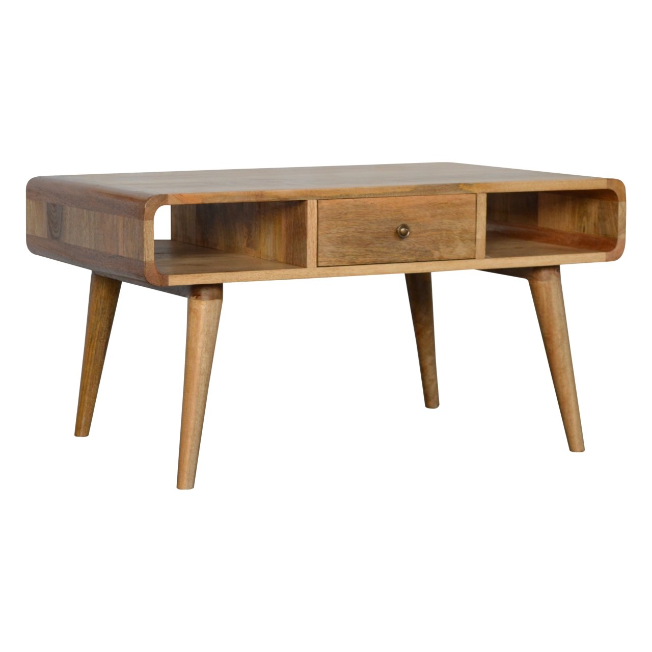 Curved Oak-ish Coffee Table | Solid Mango Wood, Scandinavian Style, UK Furniture