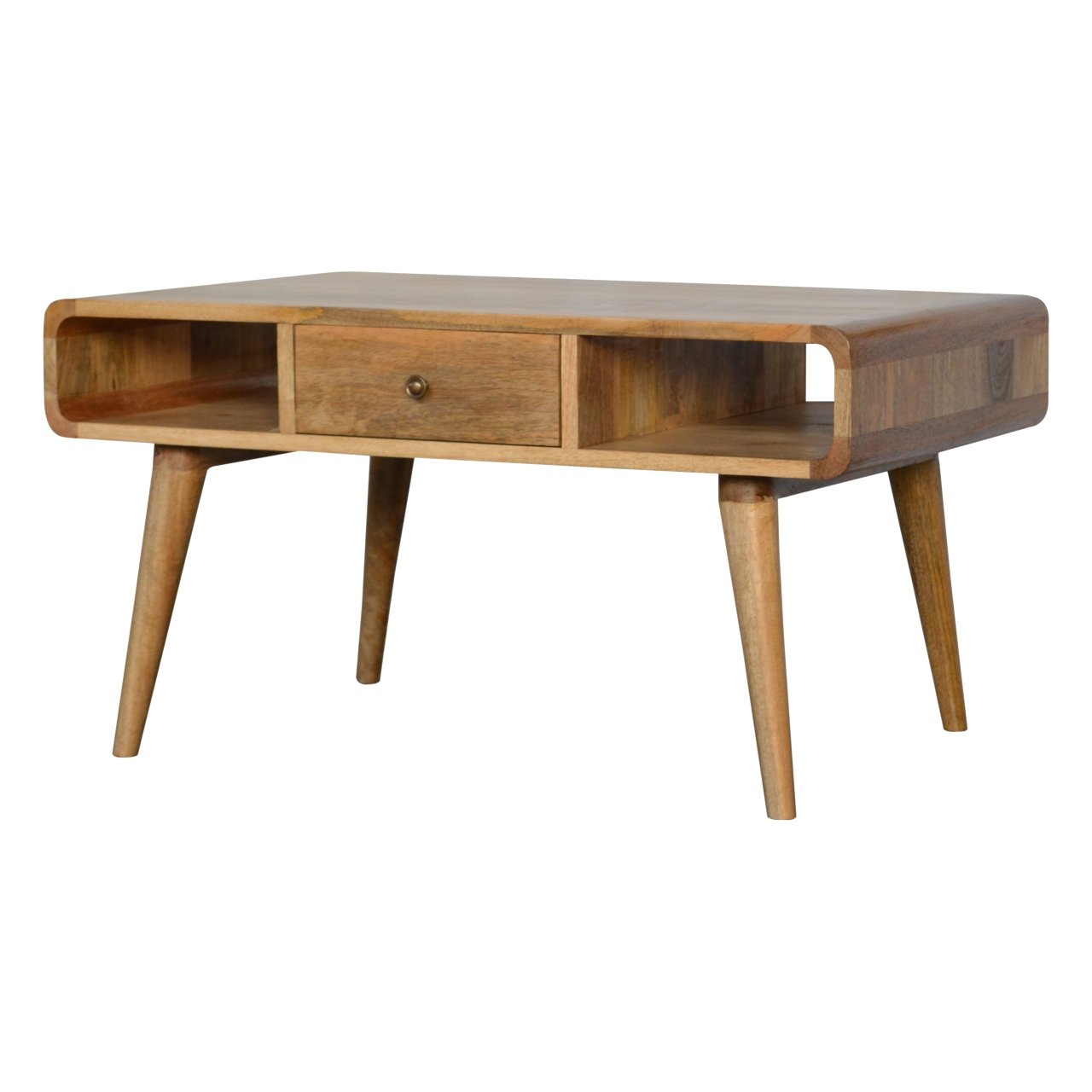 Curved Oak-ish Coffee Table | Solid Mango Wood, Scandinavian Style, UK Furniture